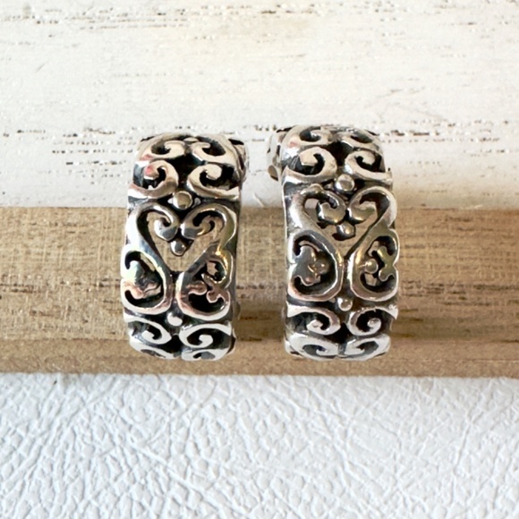 Vintage 925 Sterling Silver Heart Design Semi Hoop Earrings - Picture 2 of 7